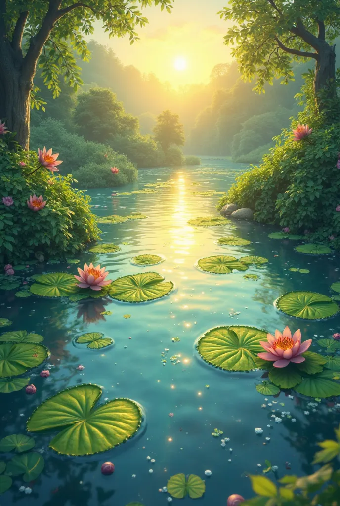 I want you to create a background for me that has a leaf pond and that looks cute, that you can see the sun and the water as if it were moving