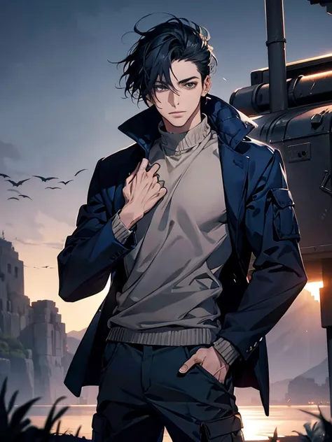 (Best picture quality, High res, Very high res), abstract, masculine, dark blue hair, 30 years old, dark blue eyes, jacket, sweater, cargo pants, dark blue gaze, calm, quiet, gentle smile, observatory, with wolf, dawn