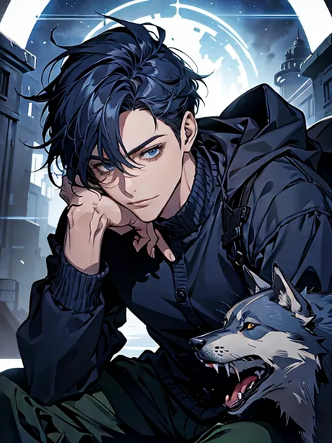 (Best picture quality, High res, Very high res), abstract, masculine, dark blue hair, 30 years old, dark blue eyes, jacket, sweater, cargo pants, dark blue gaze, calm, quiet, gentle smile, observatory, with wolf, dawn