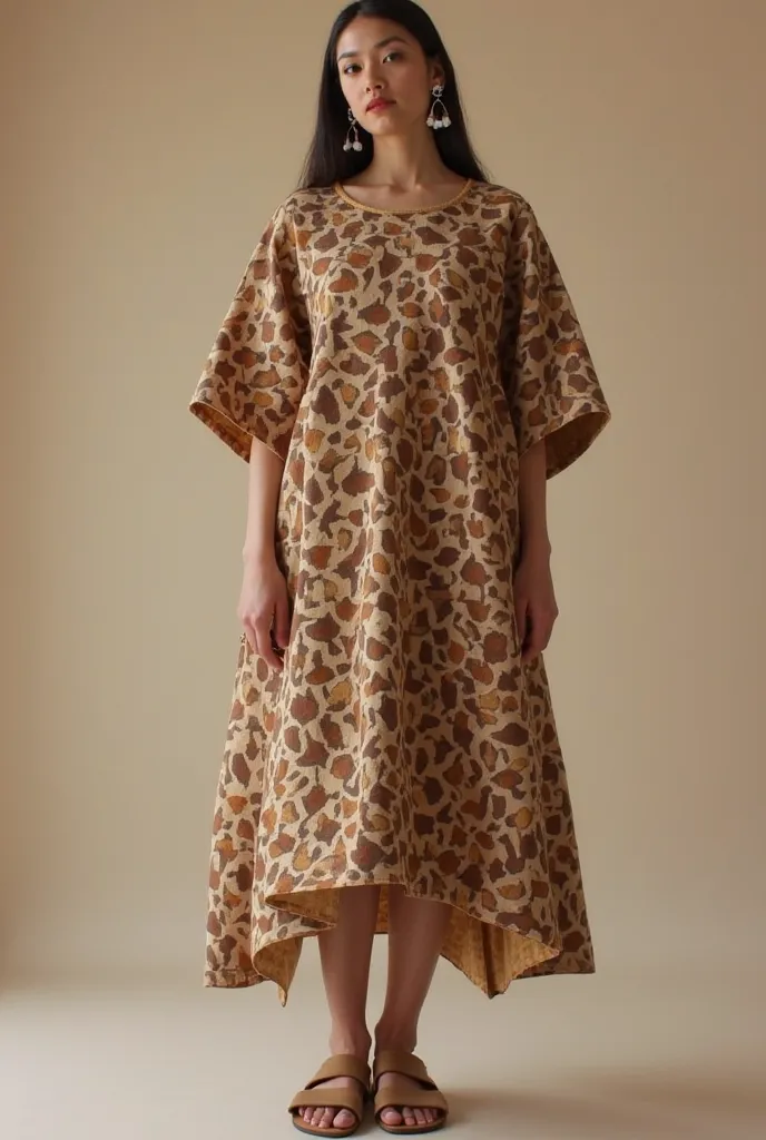 This is a fashion dress that applies the mud quilt pattern to a modern and universal look, using the unique brown and beige tones. The patterns are natural and have a touch of traditional culture, but in tune with contemporary fashion.