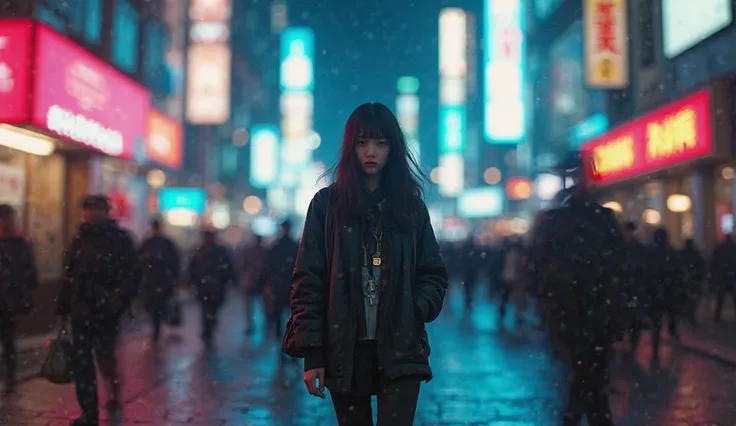 2. A woman walking alone in a busy city at night, neon lights and blurred figures rushing past her, but she remains still, lost in deep thought.  
