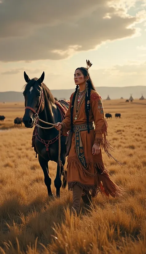 Create an image of a fierce and noble Native American warrior woman from the Blackfoot Nation, walking side by side with her horse across the vast northern plains of 14th-century North America. She holds the horse’s lead with a firm yet gentle grip, her po...