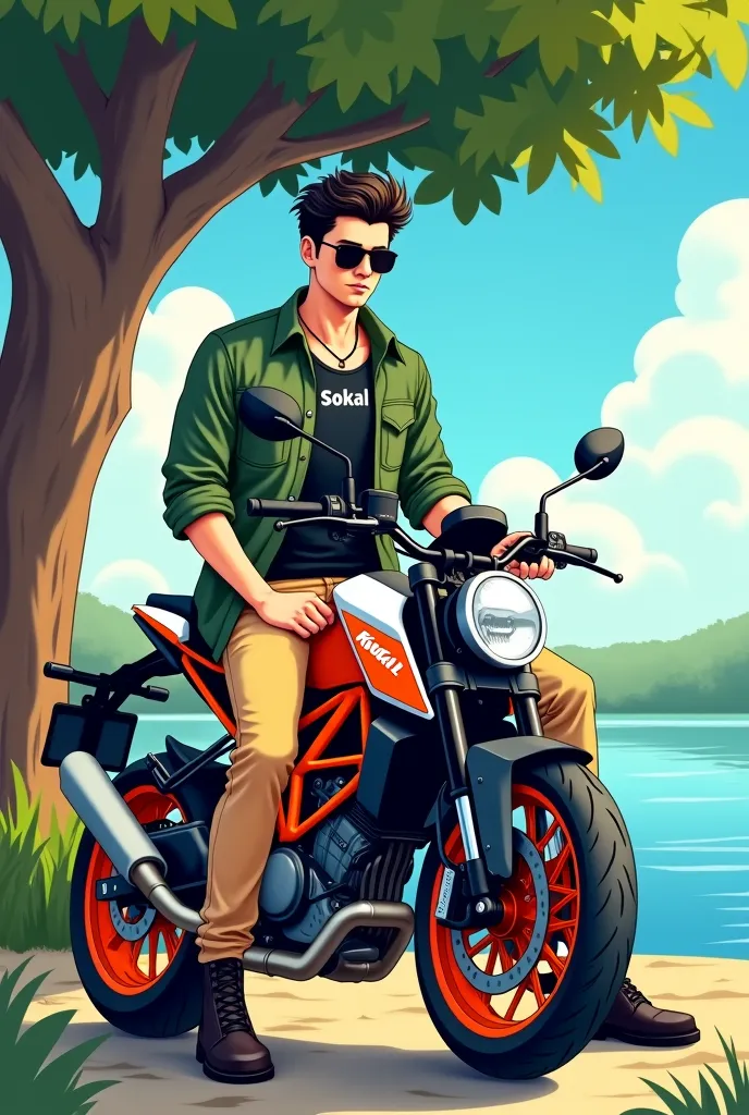 A cool and stylish anime character sits casually on his KTM Duke motorcycle under a shady tree. exuding confidence and adventure. Dressed He wears a black t-shirt layered with a green shirt. beige orange pants, His black t-shirt comes with his name 'Sokal'...