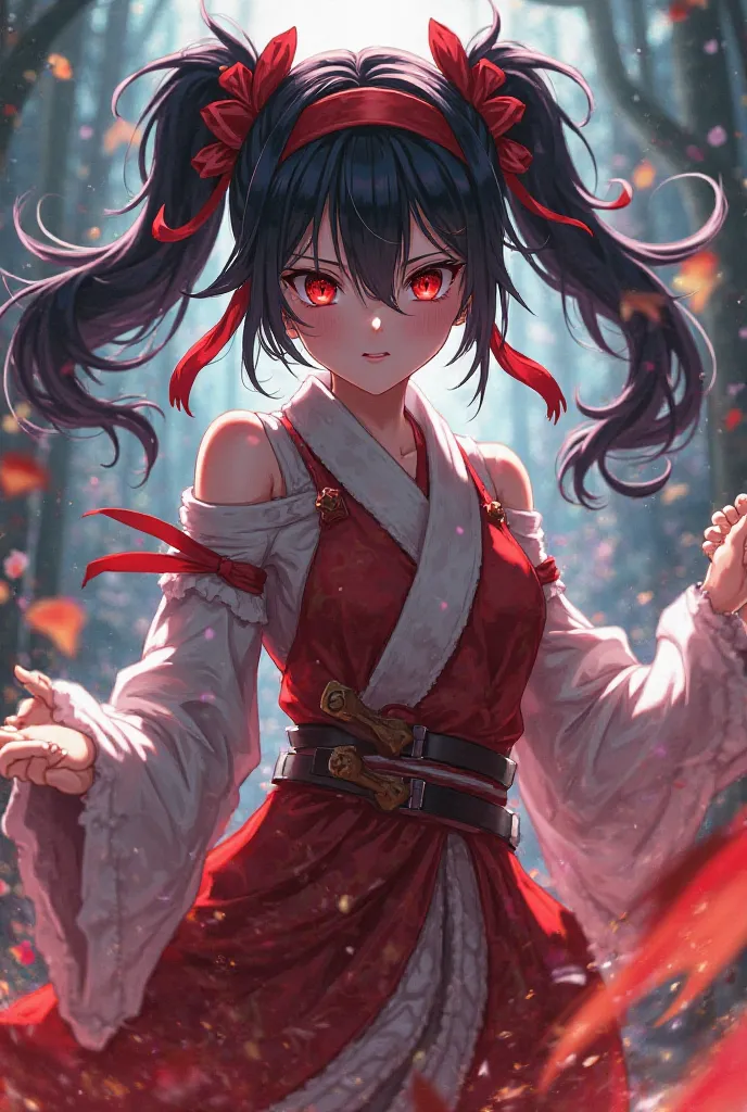 With the character who animates with tied hair a red headband and with red eyes and with black hair and with hair with two Maria Chiquinha on her sides and with clothes she will hope it fits