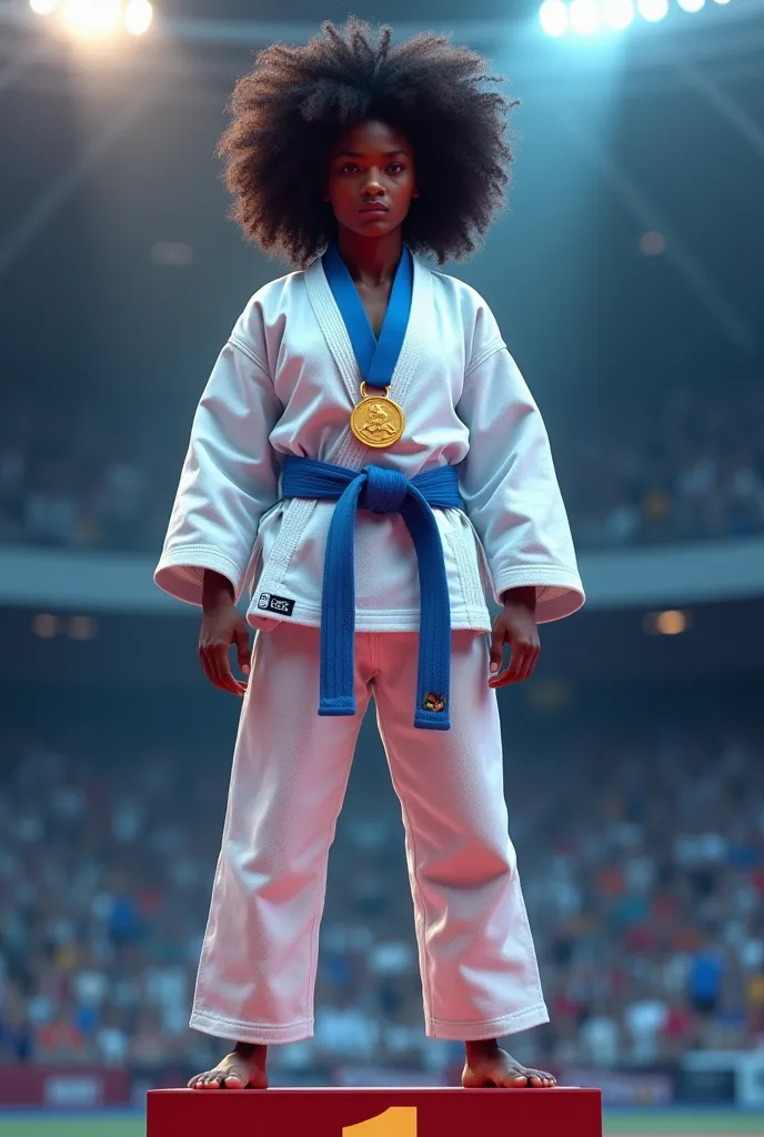 A dark-skinned woman with very voluminous curly hair, Jiu-Jitsu fighter with white kimono and blue belt, on a podium with the gold medal 