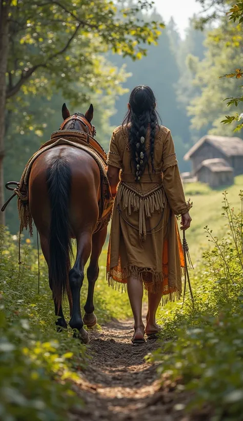 Create an image of a proud and graceful Native American warrior woman from the Ramapough Lenape Nation, walking side by side with her horse through the lush forests and rolling hills of 14th-century northeastern America. She holds the horse’s lead with gen...