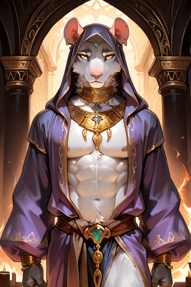 ((masterpiece, best quality, ultra detailed)), ((furry, anthro)), ((arabian, dark fantasy)), ((male, man, boy)). male, femboy. An ornate anthropomorphic male white rat, regal, sophisticated, wearing a revealing purple robe, adorned with layers of elaborate...