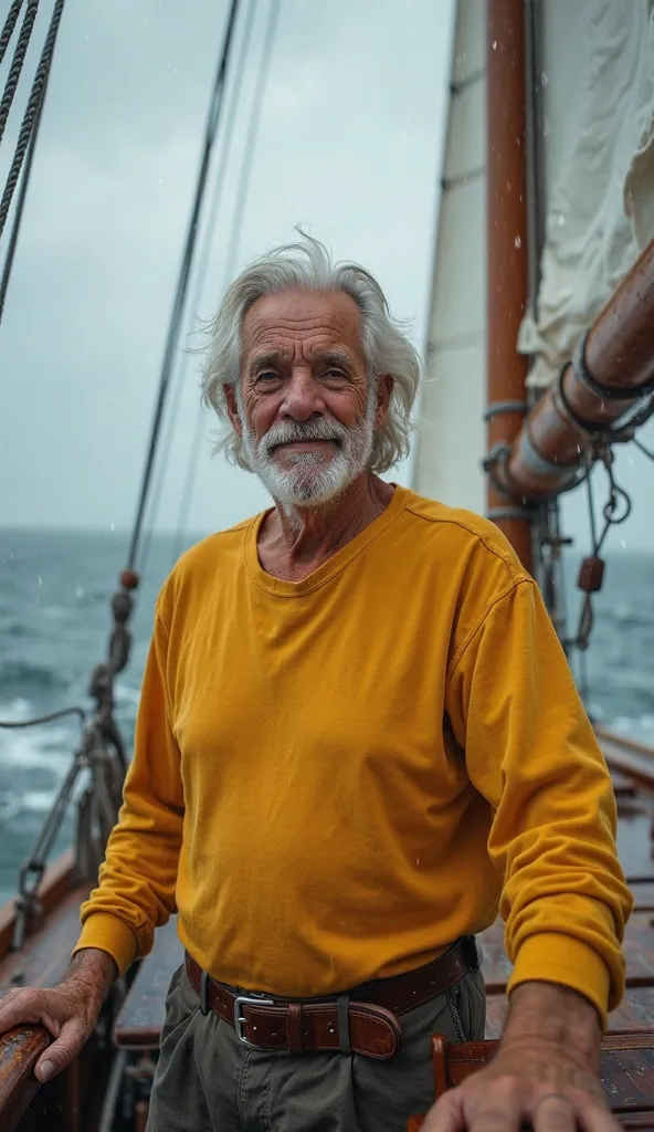 a man inside a yatch, the man 63-year-old on with a bit long of white hair. He is wearing a bright yellow long-sleeve t shirt, complemented by a brown belt, developing and controlling the yatch's sails. the background is sea in rainstorm. wide shot