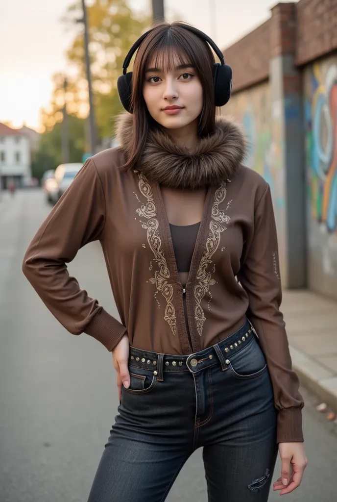 A fashionable young woman posing confidently on an urban street with a graffiti-covered wall in the background. She wears a brown semi-transparent long-sleeve top with intricate patterns, paired with dark, distressed flared pants with visible seams. She ac...