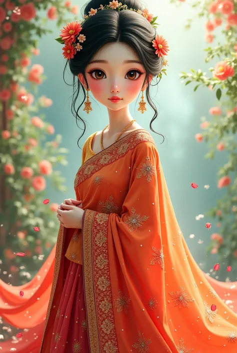 Korean girl wearing saree animated 