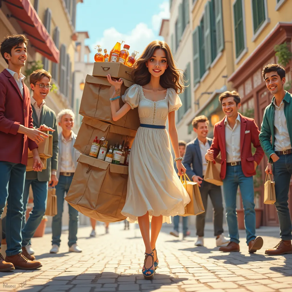 Humorous postcard European-looking girl walks through town with large packages from the store, and men passing by want to help her. 