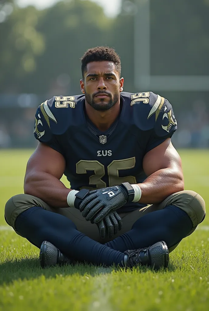 Football player sitting cross-legged