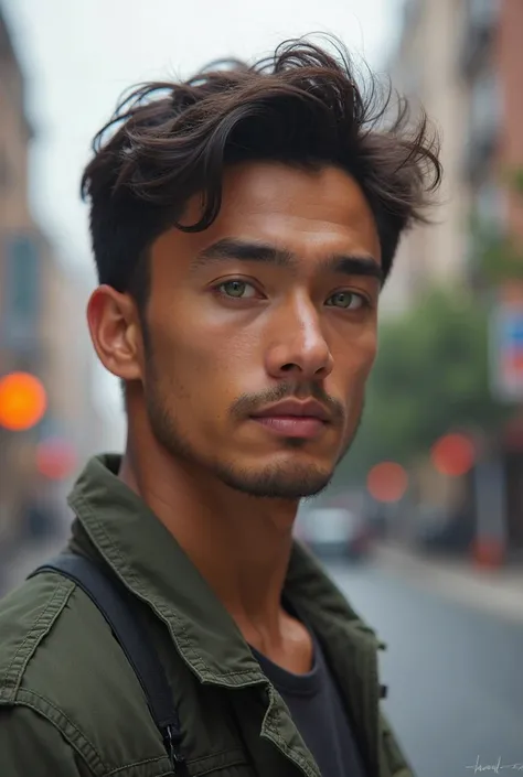 Realistic photo of 30-year-old mixed-race young man , Hairs 
Short and dark brown,  greenish eyes , without a beard , round face, STANDING ON THE STREET. 
 



