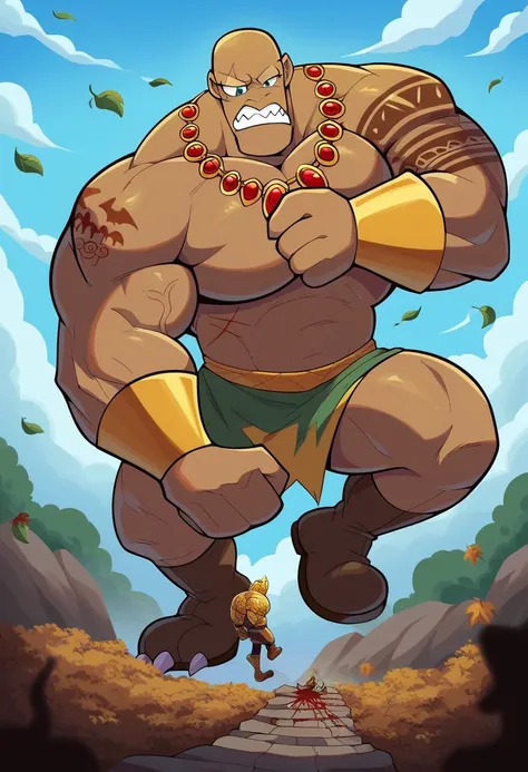 A giant muscular man, humanoid creature, bald man, gigantic chin, veins, tattoos, scars, golden armor, golden bracelets with jewels, golden necklaces with jewels, golden and silver belt, golden and brown boots, ginomous biceps enormous pectorals, sharp tee...