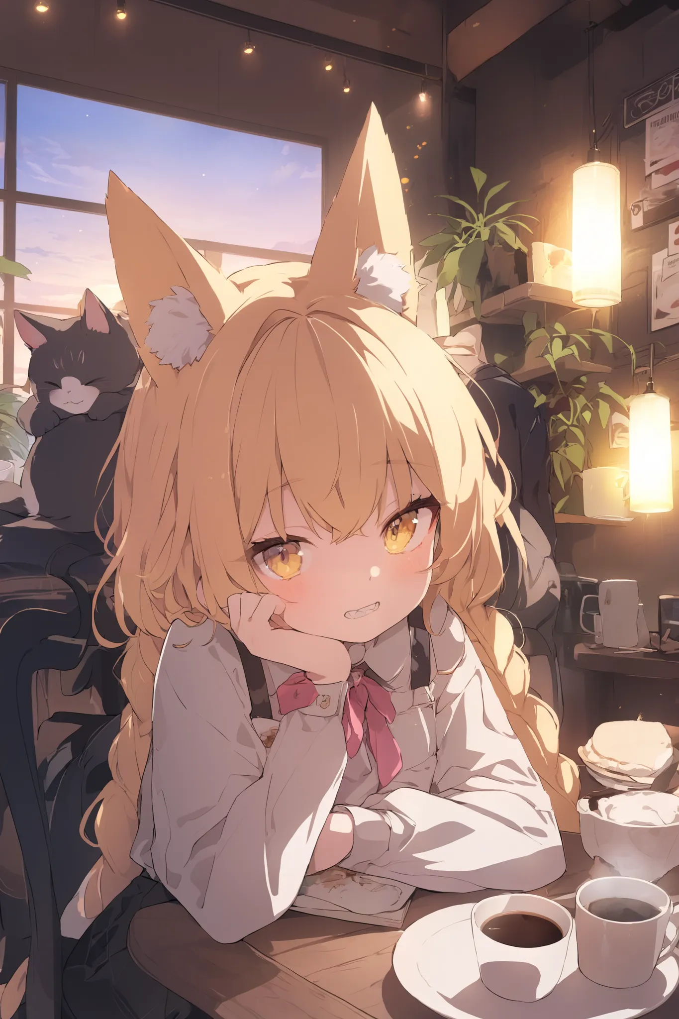 yellow hair,大きいbraids,黄色い fox ears, fox ears,yellow eyes,stupid hair, double teeth, 黄色い fox ears,yellow eyes, fox ears,stupid hair,braids,長いbraids,neon, 1 girl,is sitting,  coffee shop,sunset, dish, Mug,  coffee, cigarette, Sleeping Cat,  cake, dessert on ...