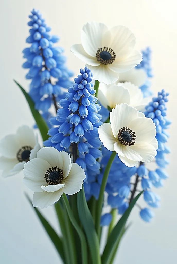 bouquet of white anemones and blue hyacinths