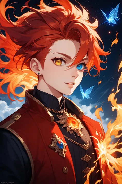 A boy with red hair whose left eye is yellow and his right eye is red