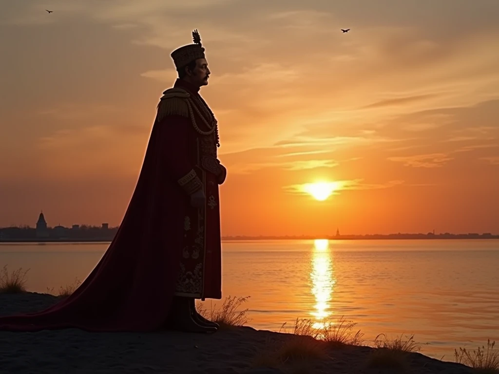 high quality,  8K Ultra HD,  Excellent exhibition, , the full-length emperor of Russia, the sunset on the coast, the coast of the Neva River and the sunset should serve as a backdrop, with its details, embedded in the silhouette of the emperor, clear lines...