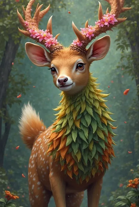  dark fantasy digital painting illustration subrealistic . A pretty young hybrid similar to a deer, with the fur on his body brown with pink spots, with a coat that covers its neck in green colors,  yellow , oranges and reds, A tail of green leaves, with b...