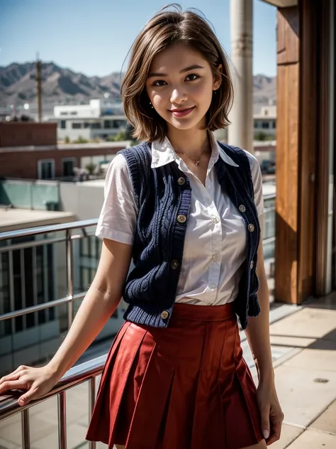 Top quality, ultra high resolution, realistic, Beautiful Woman, Beautiful detail eyes and skin, smile, Light brown short-cut hair. She is wearing (Tiny Stud Earrings, Tiny Pendant Necklace, school uniform:1.3, collared white shirt, knit red vest, blue fril...