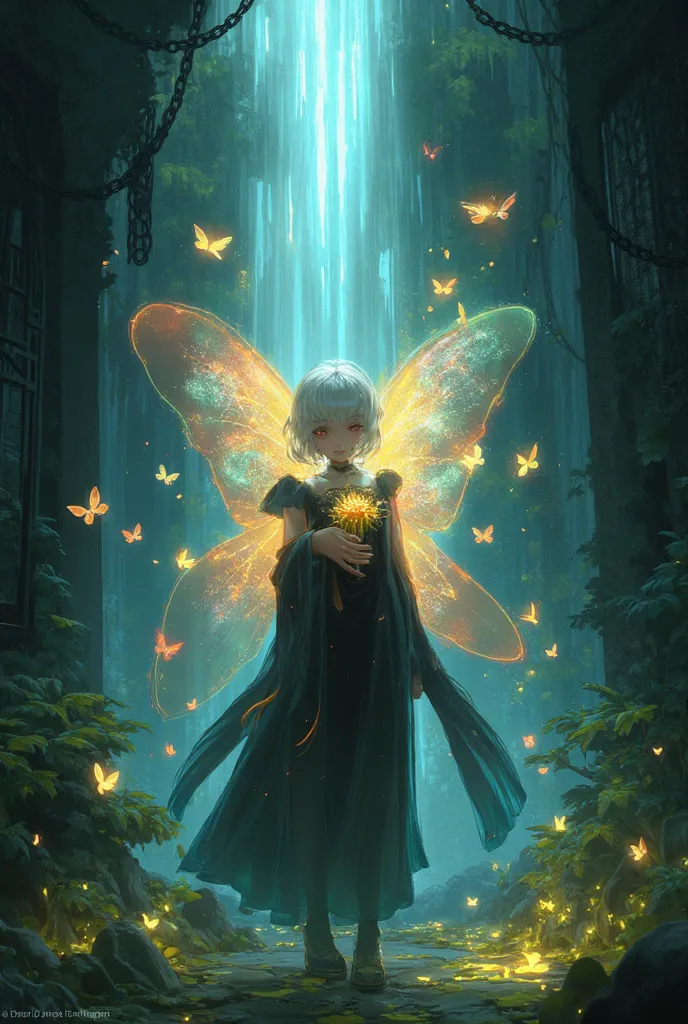 A mystical girl with silver hair and a gothic black dress standing in an ancient, overgrown ruin. She holds a glowing golden flower close to her chest, emitting a soft, warm light. Behind her, a luminous waterfall cascades down, illuminating the dark surro...