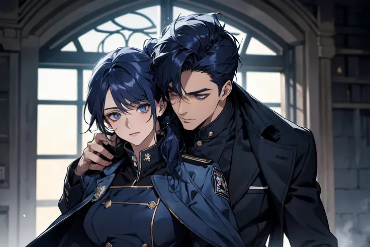 masterpiece, highest quality, Confused, male,Dark blue hair, Low Ponytail,Black and navy blue pilot suit,expensive,,Carrying wolves,He has a navy blue coat draped over his shoulders,,dark blue eyes,Laugh a little,With the wolf,dawn
