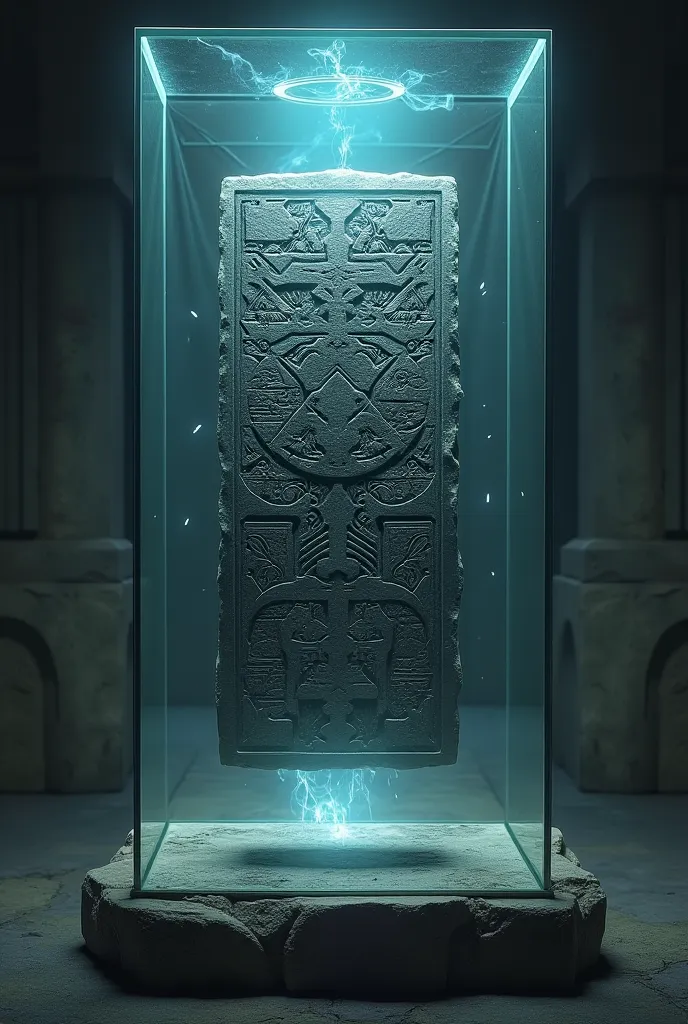 Rosette stone tablet. A massive , dark stone tablet with carved hieroglyphs begins to float in a magical light in a glass display case, While the inscriptions pulsate.