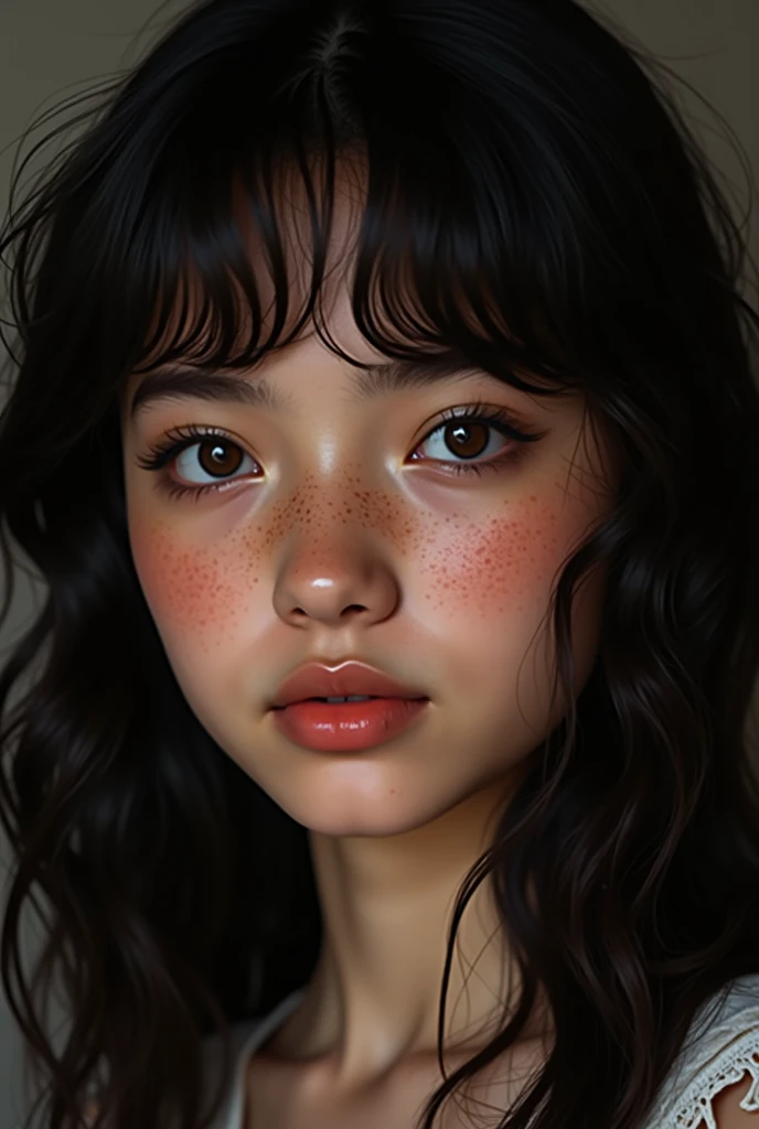  18 year old girl. has black hair, slightly curly and long and smooth bangs. You have freckles in the nose area. He has very dark brown eyes and 
Thick lips. realistic image quality