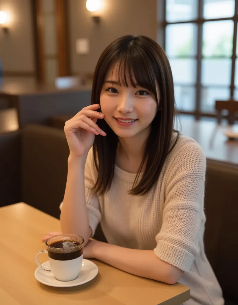 A young and beautiful Japanese woman is drinking coffee in a coffee shop in Tokyo. She is wearing a knitted dress and smiling sweetly while drinking coffee. Ultra high resolution, super high quality photo.