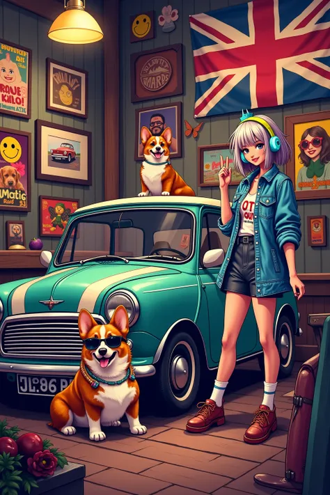  orange gradient background 、 There are lots of old American car posters and smiley posters on the wall in the old rusted art studio 、Rasta Colored Old Mini Cooper Van、 Flashy, Hardline , And a picture of a flower fairy that's cool on the body 、
  stick ou...