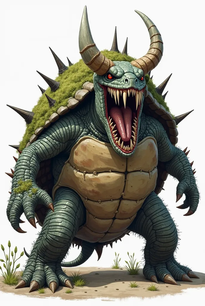 Draw a scary giant sharp-toothed turtle with mossy, spiny shells, huge, horns on its head and a mace on its tail.