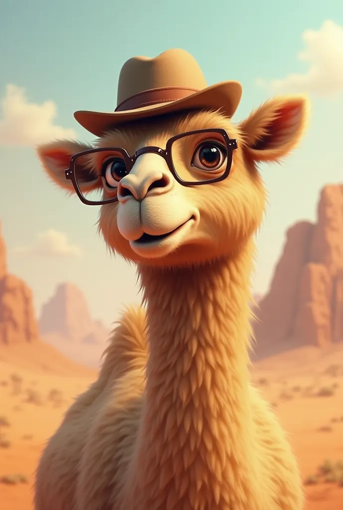 A camel with glasses and a cap