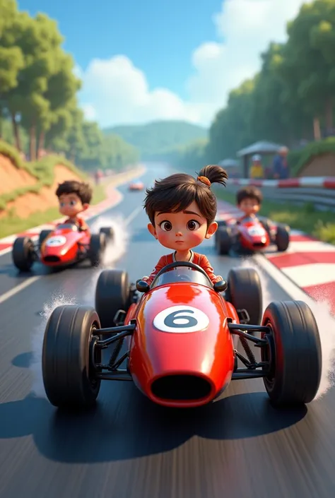 Generate an image of a 16-year-old girl on a race track with her two older brothers and cars behind them .With the animated style ,  with an aspect ratio of 9 :16.