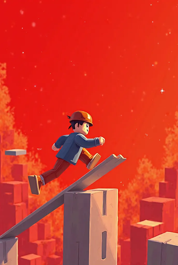 Make a thumbnail of a Roblox game with the Roblox character Noob in a Parkour game with the red background in drawing style