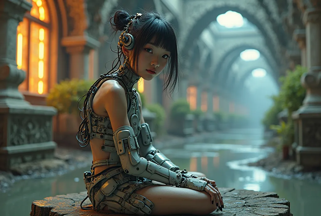 top quality, masterpiece, 超Hi-Res, young cute Japanese girl on a stump, ((PHOTOREALISTIC: 1.4), rAW フォト,  one cyberpunk girl , Glossy Skin,  1 mechanical girl in a European castle, (Ultra realistic details)),  Mechanical Hands ,  40K armor connected to mec...