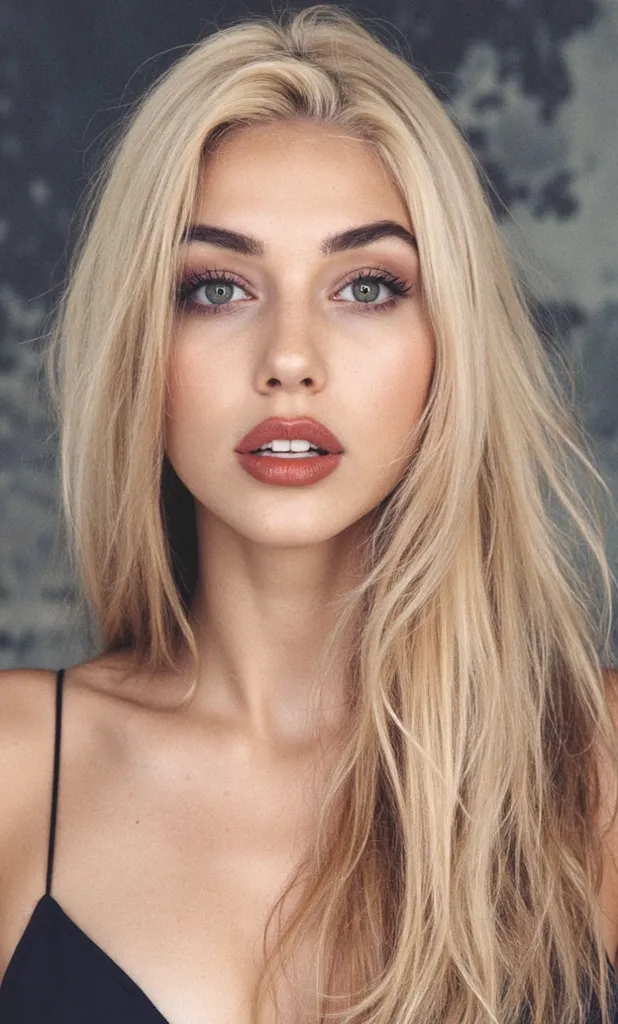 A portrait of a young woman with long, wavy blonde hair. She has thick, expressive eyebrows and large green eyes with warm-toned makeup. Her skin is smooth and radiant, with a natural glow. Her full lips are painted with a matte, terracotta-colored lipstic...