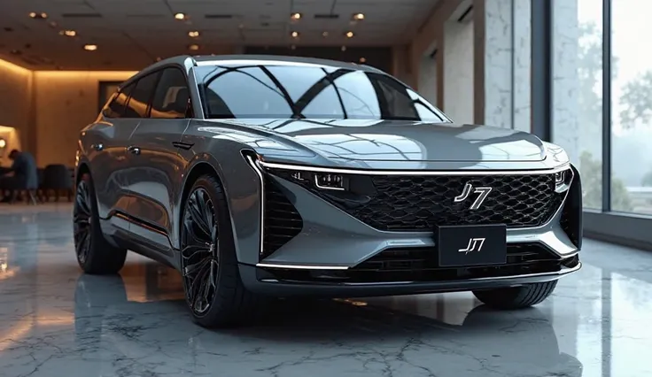 An ultra-realistic image of the front  side profile angle view with jaecoo  logo end of a futuristic  2026 jaecoo J7 phev  SUV he car features a large, imposing, and aerodynamic design with shiny nardo gray  and shiny exterior. The front side profile angle...