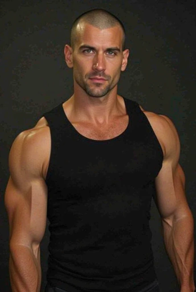 muscular man with a shaved head and piercing green eyes. His biceps are the size of your head, and his chest is a wall of solid muscle. He's wearing a tight black tank top that shows off his incredible physique.