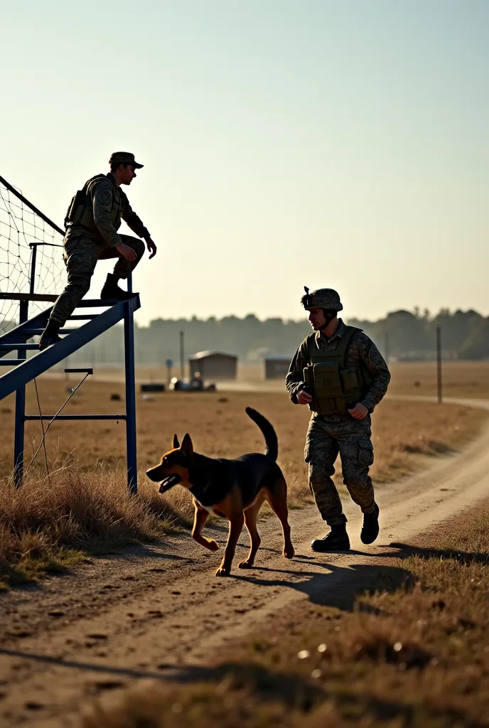 Image of a French Navy minois training on a course with his QM2 dog handler who is on a truss on an outdoor field with obstacles 