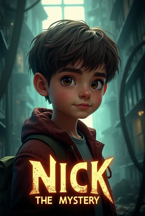 Create a movie poster where you can see a boy with brown hair who is a bit thicker and the movie name should be “Nick the Mystery”