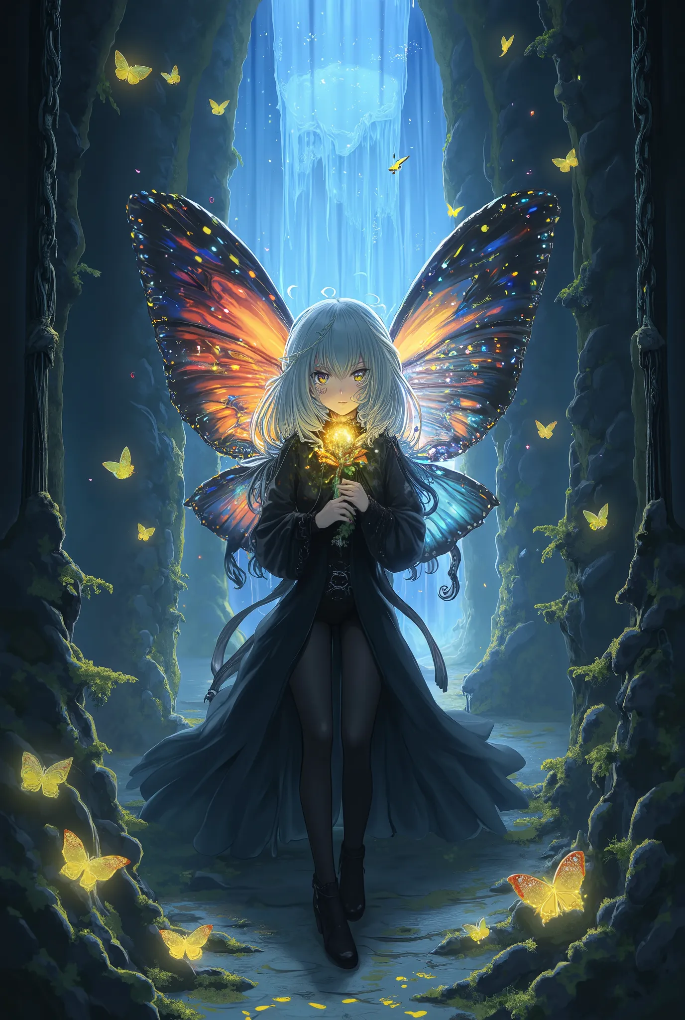 A mystical girl with silver hair and a gothic black dress standing in an ancient, overgrown ruin. She holds a glowing golden flower close to her chest, emitting a soft, warm light. Behind her, a luminous waterfall cascades down, illuminating the dark surro...