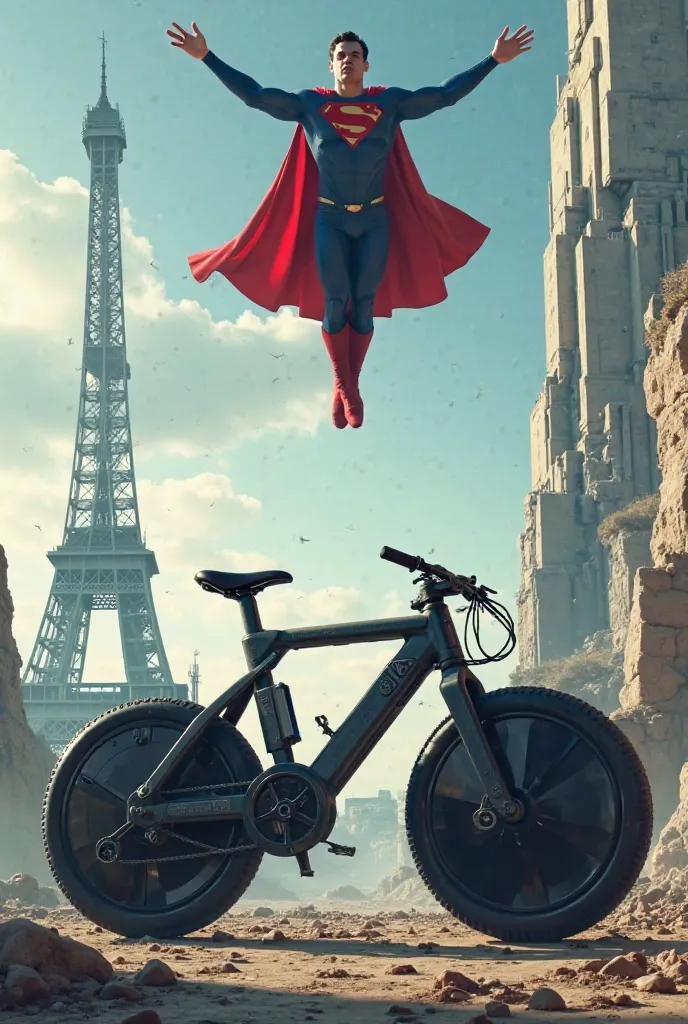 A wide-wheeled bicycle with a cell tower and an Eiffel tower with Superman above it