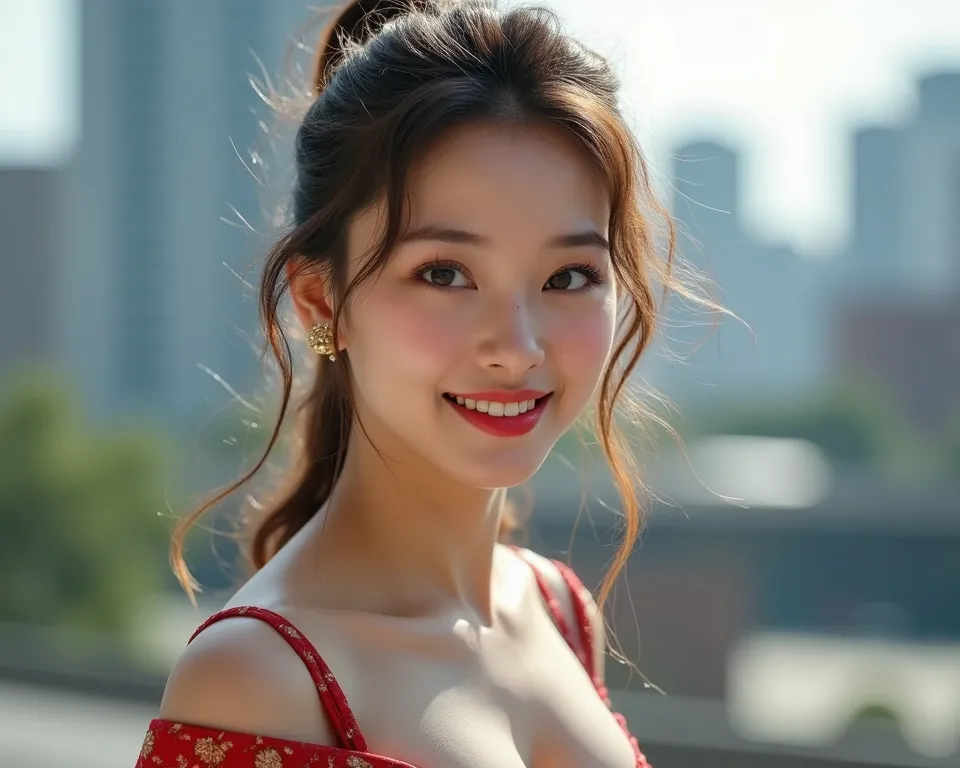 Beautiful urban college girl、masterpiece、Light makeup、Red lips、Silver Hair、long messy hair、Background of the cityscape、beautifully、elegant。 Ultra-fine detail、masterpiece、Authentic texture、Cinematic Lighting Realism、perfect piece、16K、HD、exquisite features、b...