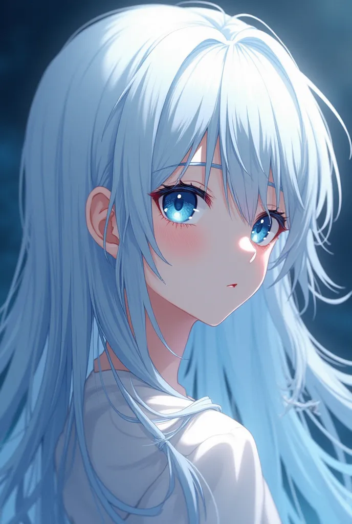 A boy anime character, white hair, long hair,  straight hair, blue eyes, beautiful, design,  Japanese anime .