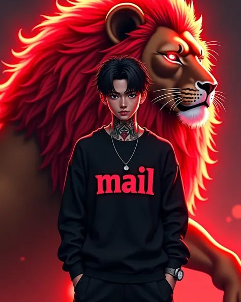 Anime boy (ethnicity:1.2), (age:1.1),  (detailed clothing:1.2),  (accessories:1.1), (detailed skin texture:1.2), (facial features:1.3), (expression:1.2), (body type:1.1), (pose:1.2),  wearing black sweatshirt with red "M A Ë L" text, standing near a red li...