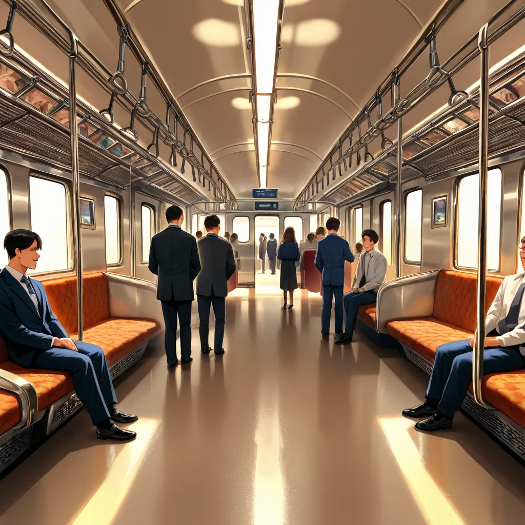 in a train、Multiple men around one woman、