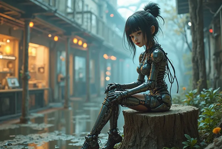 top quality, masterpiece, 超Hi-Res, young cute Japanese girl on a stump, ((PHOTOREALISTIC: 1.4), rAW フォト,  one cyberpunk girl , Glossy Skin,  1 mechanical girl in a European castle, (Ultra realistic details)),  Mechanical Hands ,  40K armor connected to mec...