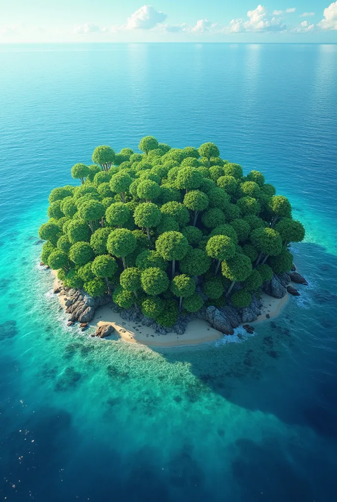 Island with many round green trees in the sea viewed from above