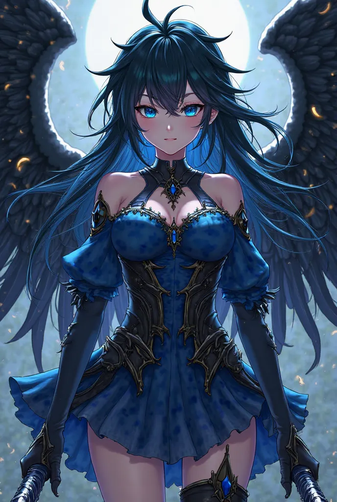 (maximum quality, best quality,  official art , beautiful and aesthetic :1.2)  anime girl , Crow wings on the back, blue eyes, long spiked hair in flaming blue and black, blue blouse, black and blue armor holding two daggers.
