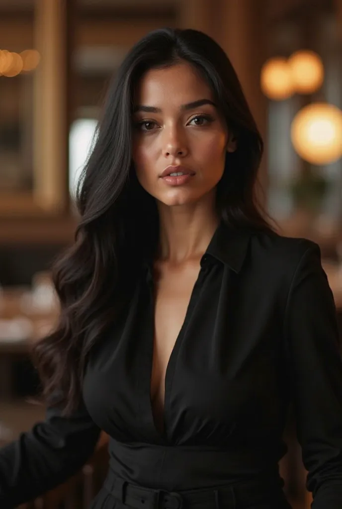 A young and dazzling woman with long smooth black hair and flawless skin. Her face has symmetrical features , expressive brown eyes and full lips with a shade of nude lipstick. She wears a tight and elegant black blouse.  Your posture is confident and grac...